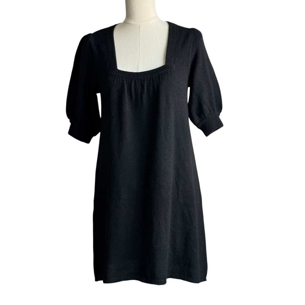Aqua 💯 Cashmere Square Neck, Puffy Sleeves Black Mini Dress/Shirt Size Medium.